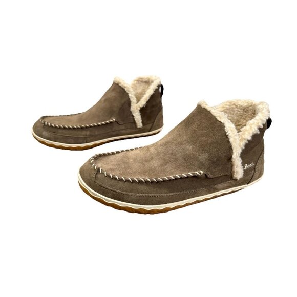 LL Bean Sherpa Lined Mountain Slippers Womens 10 Brown Suede Leather Booties - Picture 1 of 9